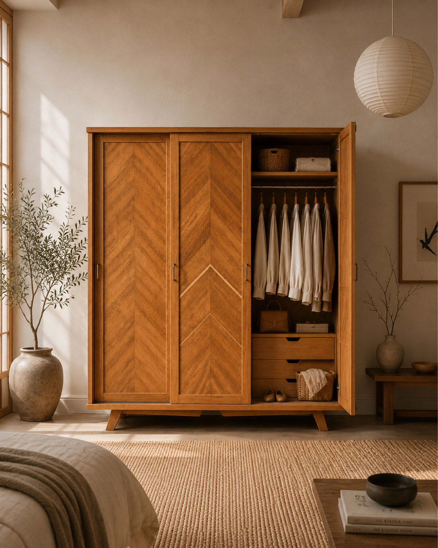 Parisian wardrobe with sliding doors, solid raw oak, 1960.