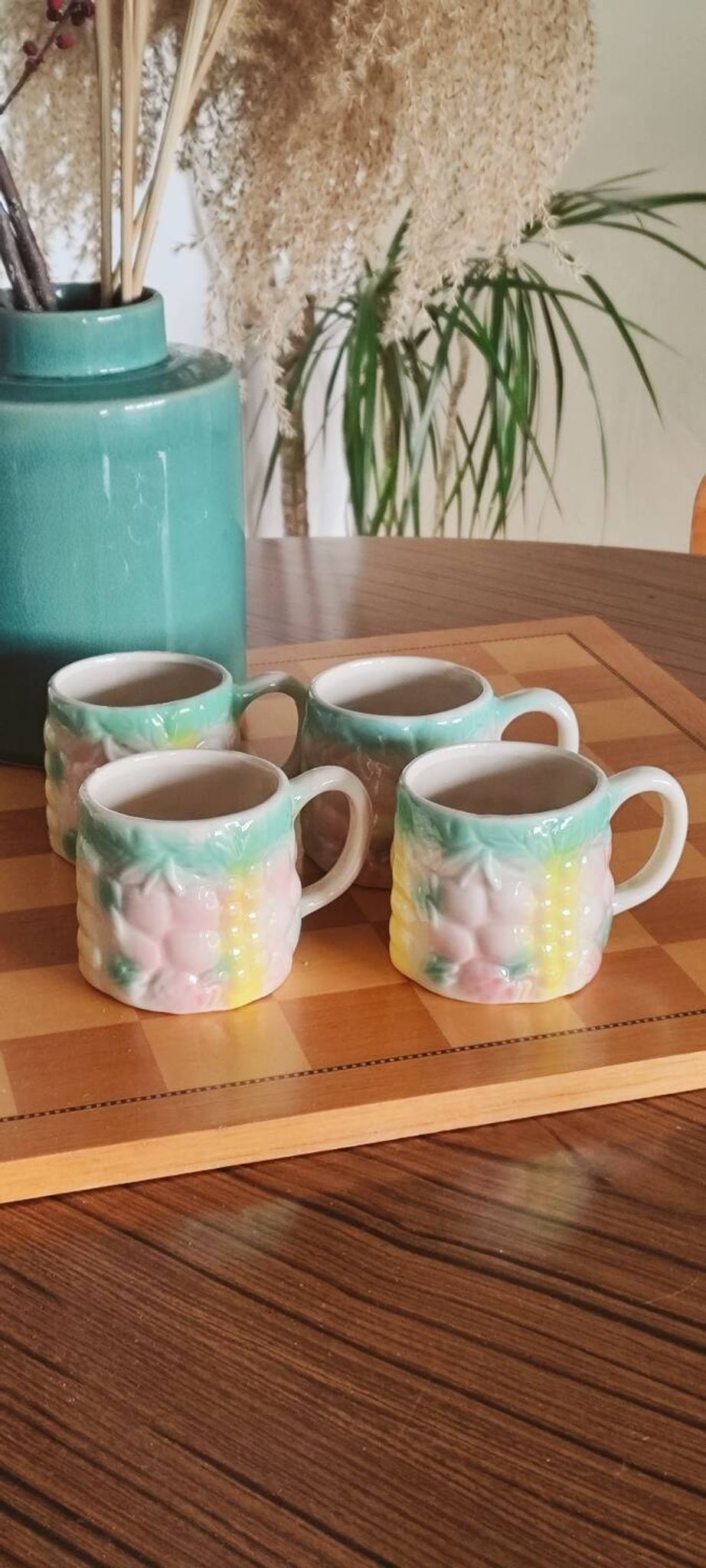 Set of 4 vintage multicoloured slipware coffee cups.