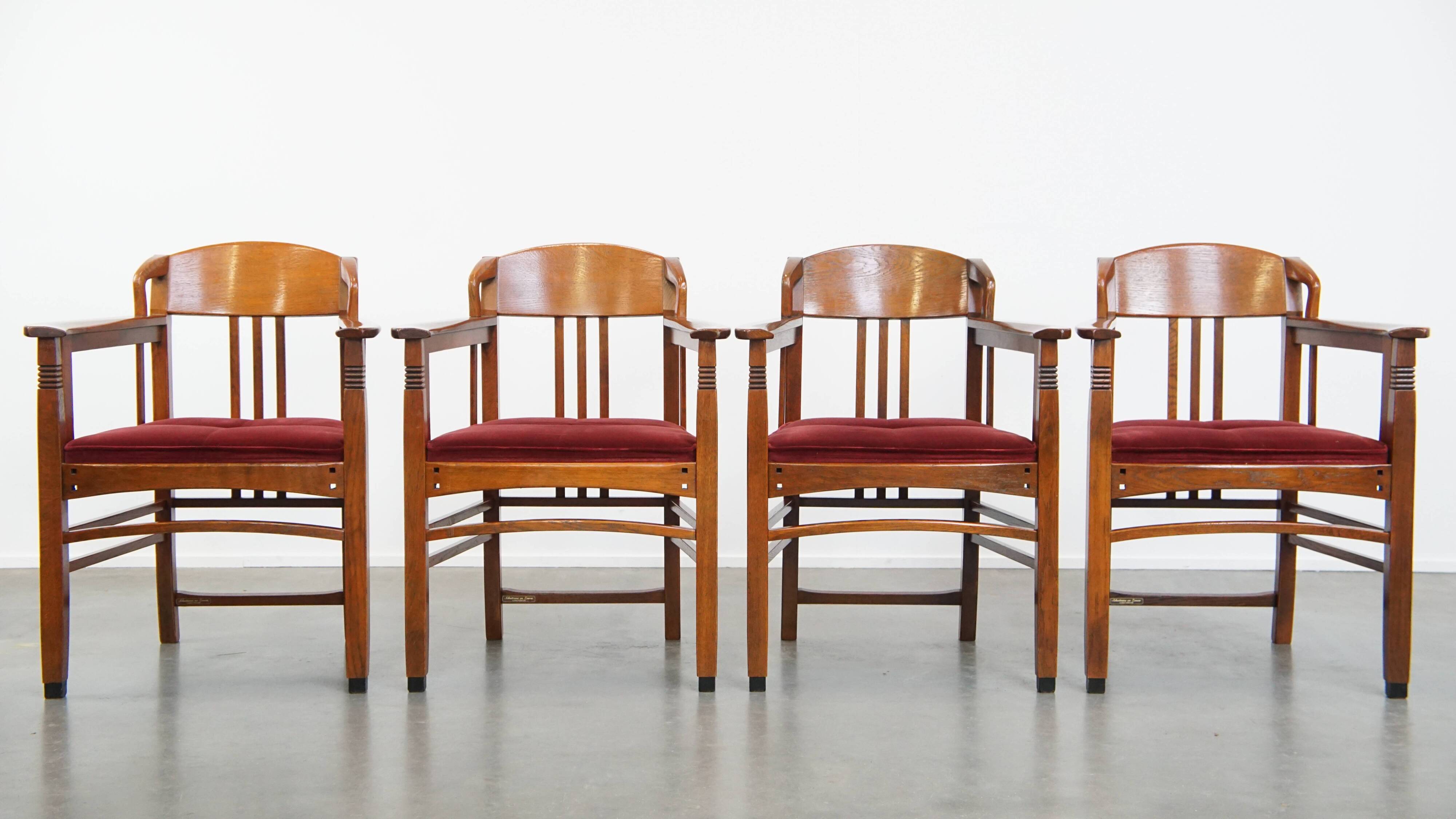 Ensemble de 4 chaises de salle à manger Art Nouveau / Jugendstil avec revêtement rouge