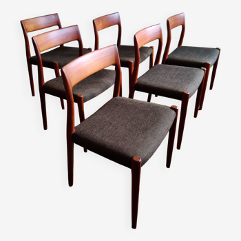 Niels Otto Møller No. 77, 6 chairs, teak and textile