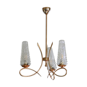 suspension lustre métal doré 3 branches tulipes en verre 1950 1960