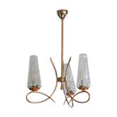 Suspension lustre métal doré 3 branches tulipes en verre 1950 1960