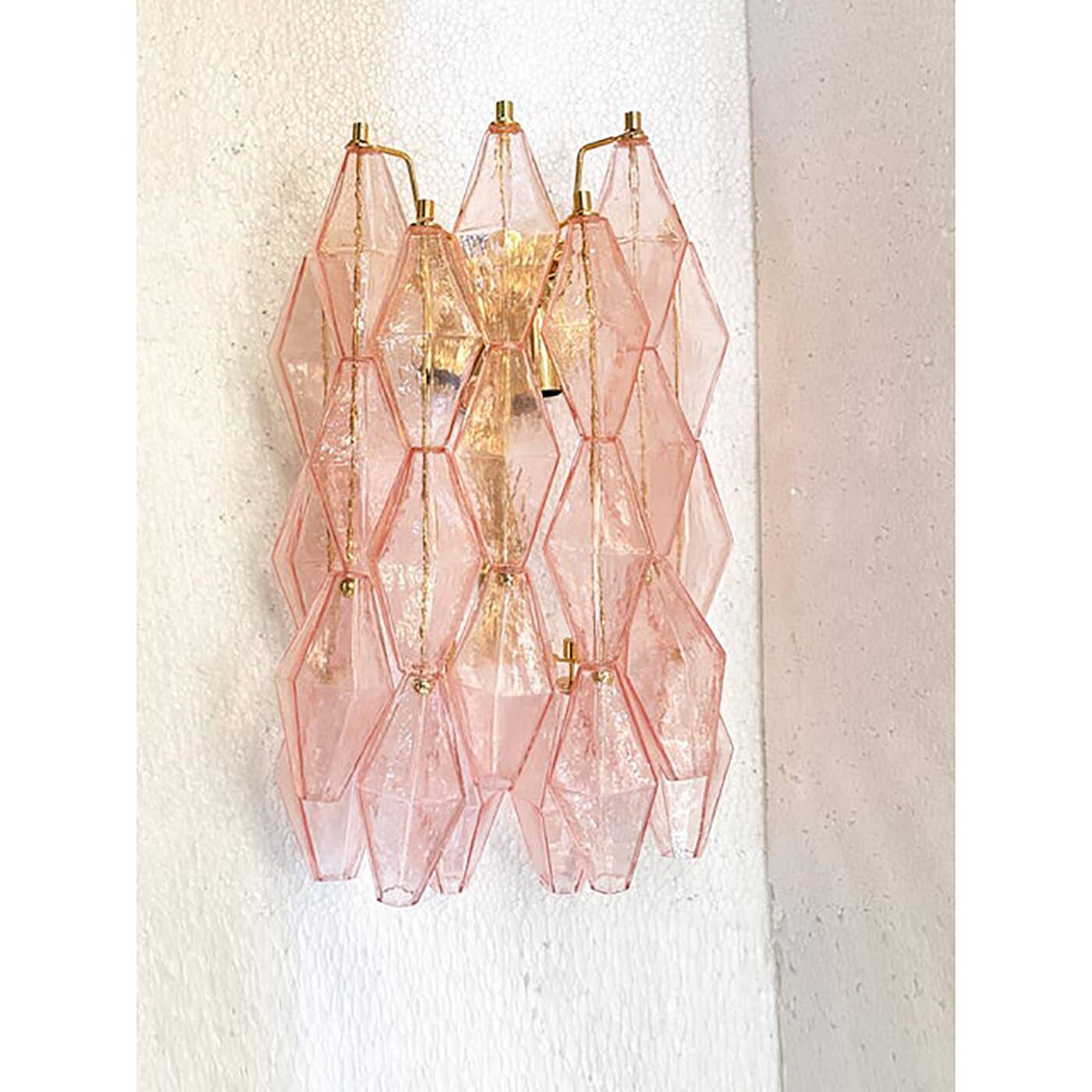 Set of Two Contemporary Pink “Poliedri” Murano Glass Gold 24k Wall Sconces