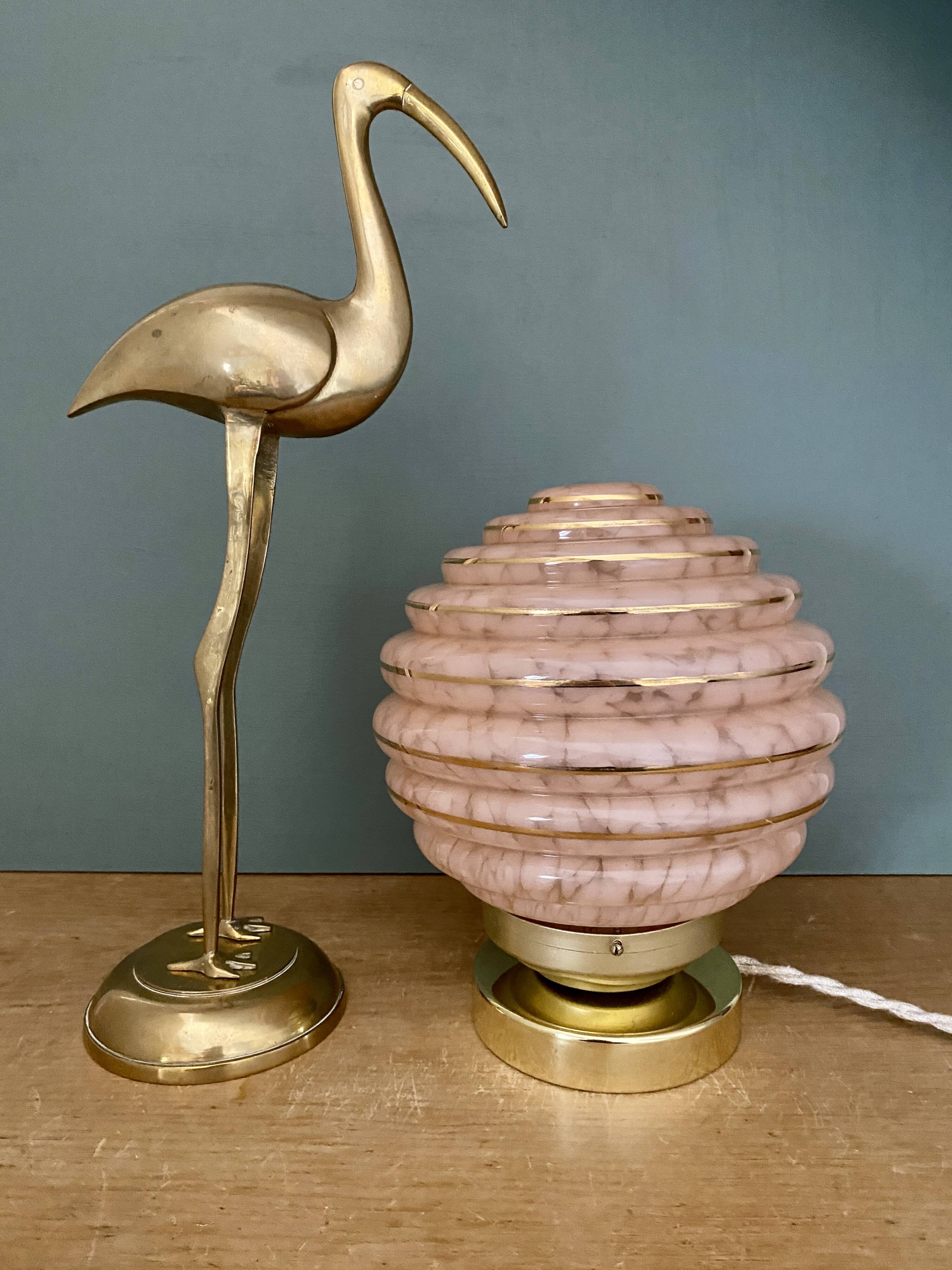 Vintage art deco globe table lamp in pink and gold Clichy glass