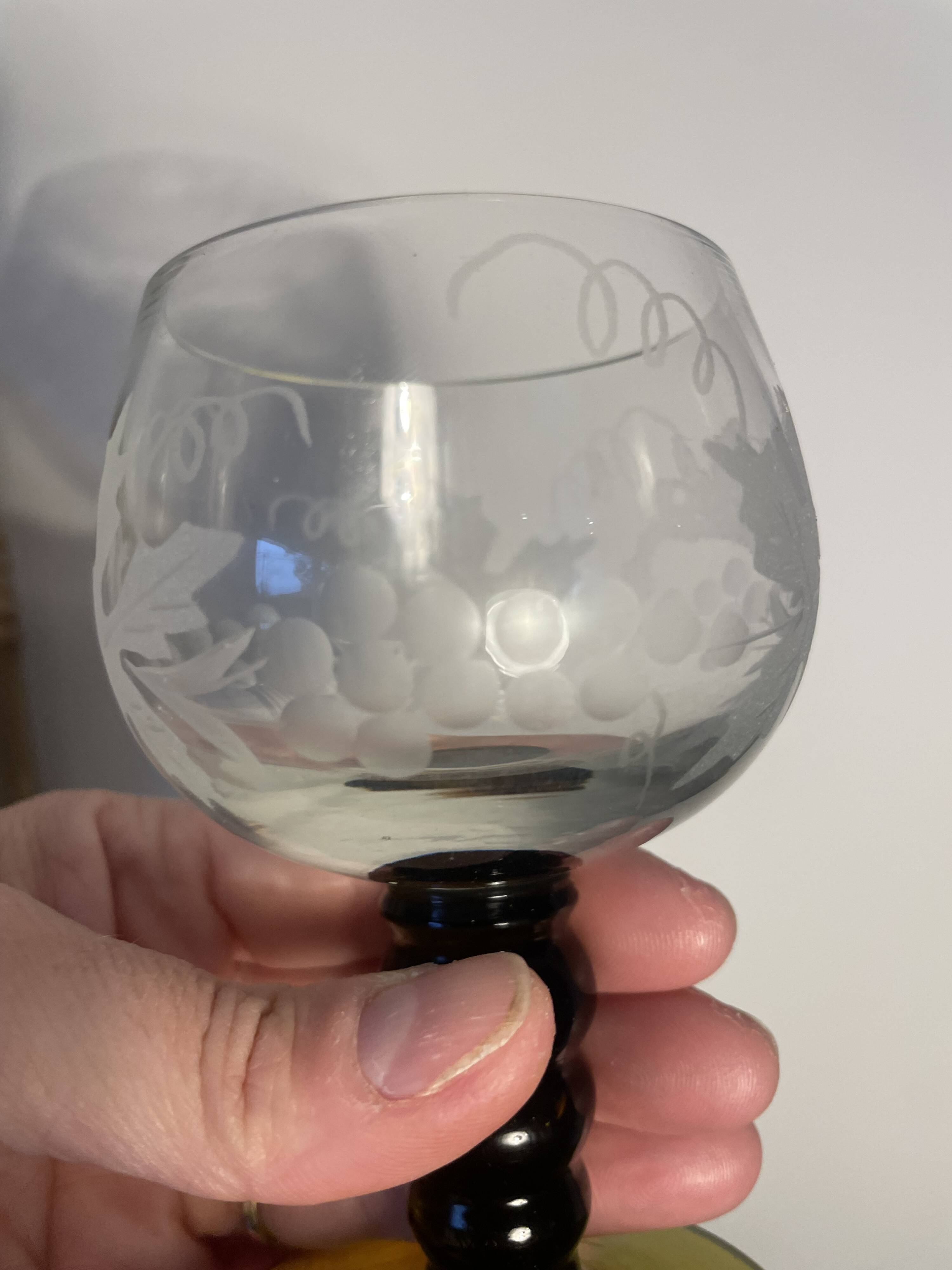 3 two-tone stemmed glasses with olive green stems