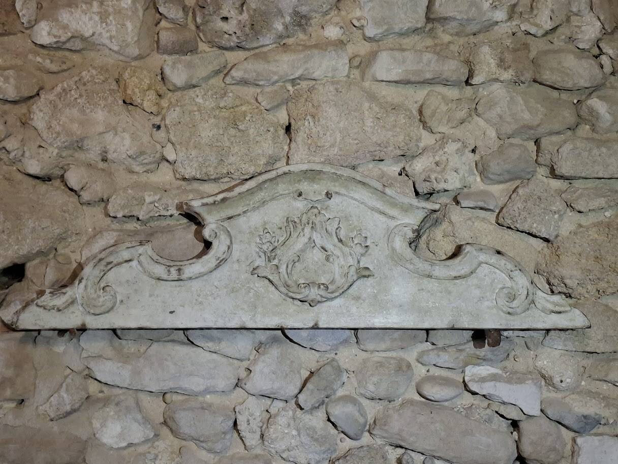 Antique wooden furniture pediment, pale green patina