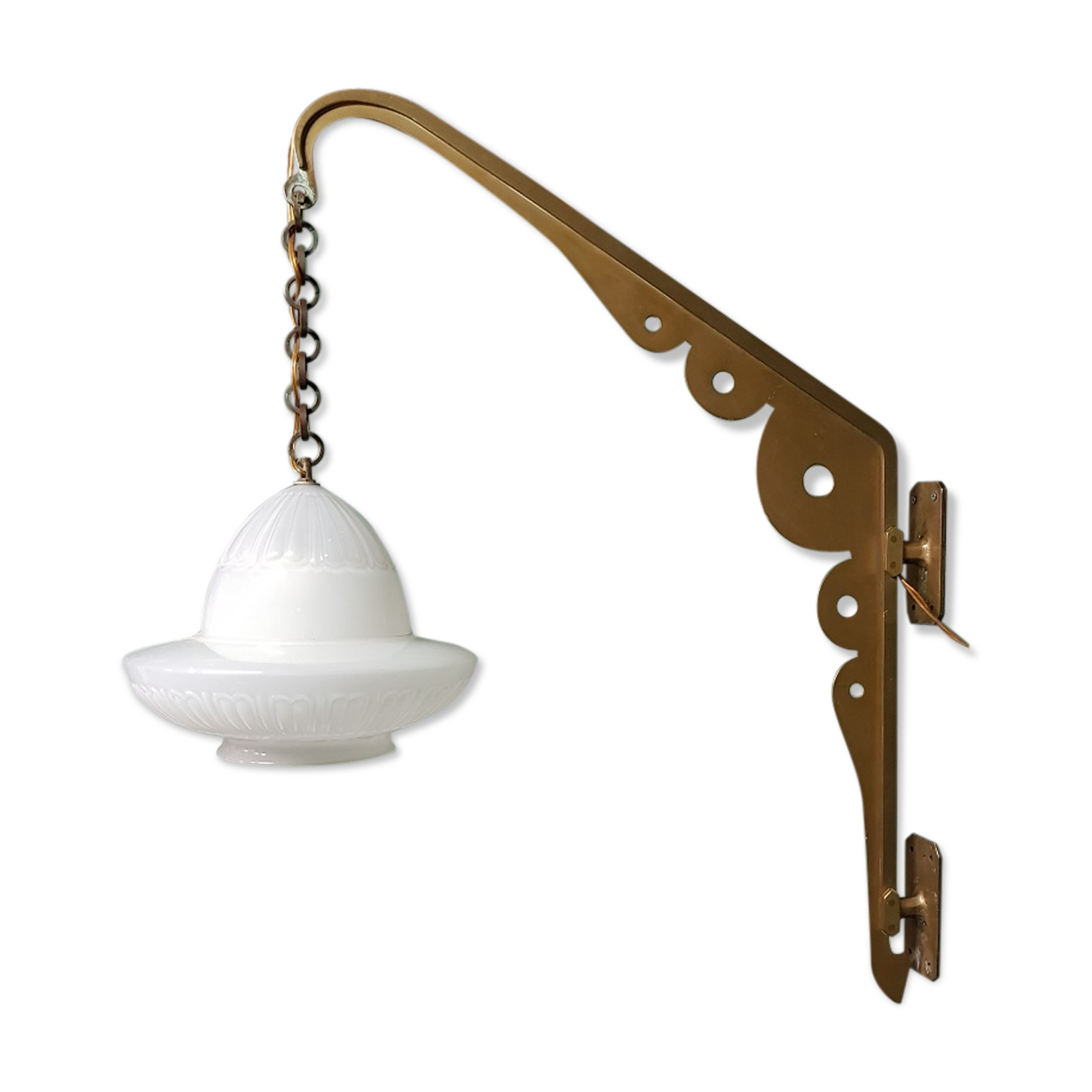 Early 20th century art deco wall lamp with brass bracket and opaline glass shade