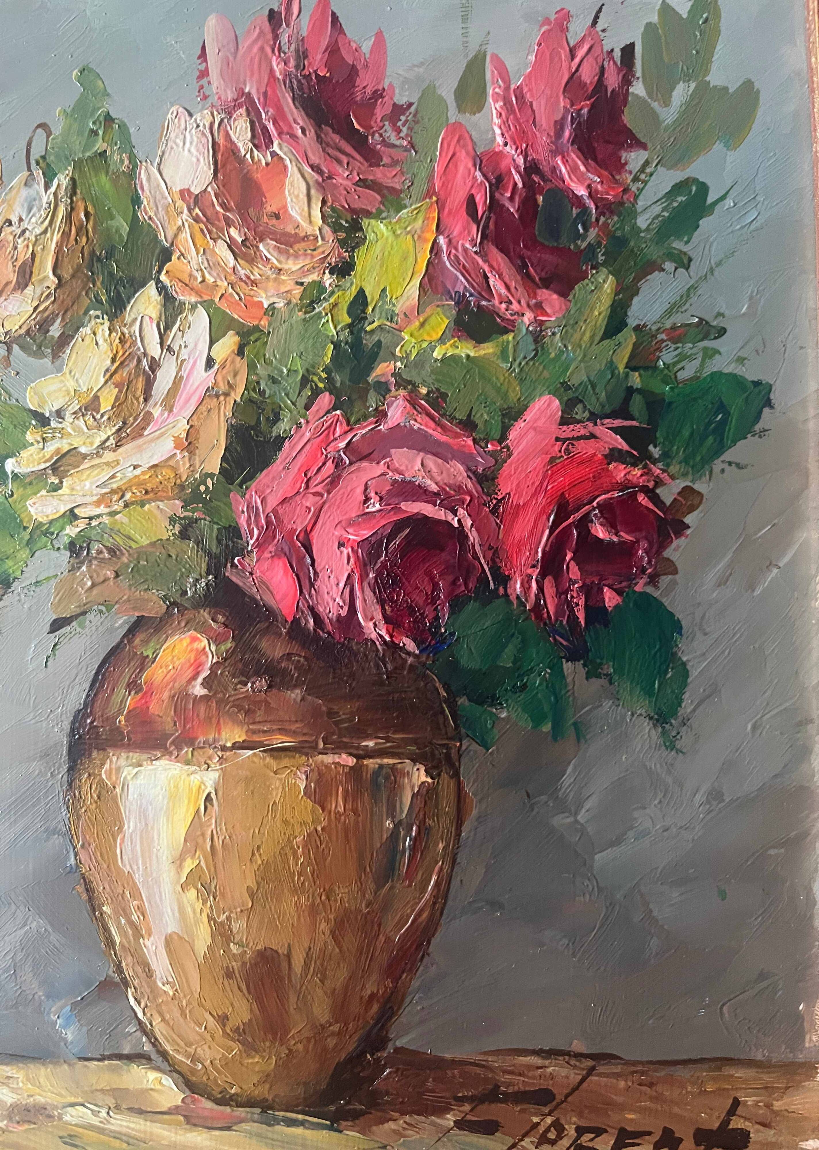 HSP painting "Bouquet of roses" in vase signed Florent + frame