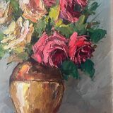 HSP painting "Bouquet of roses" in vase signed Florent + frame