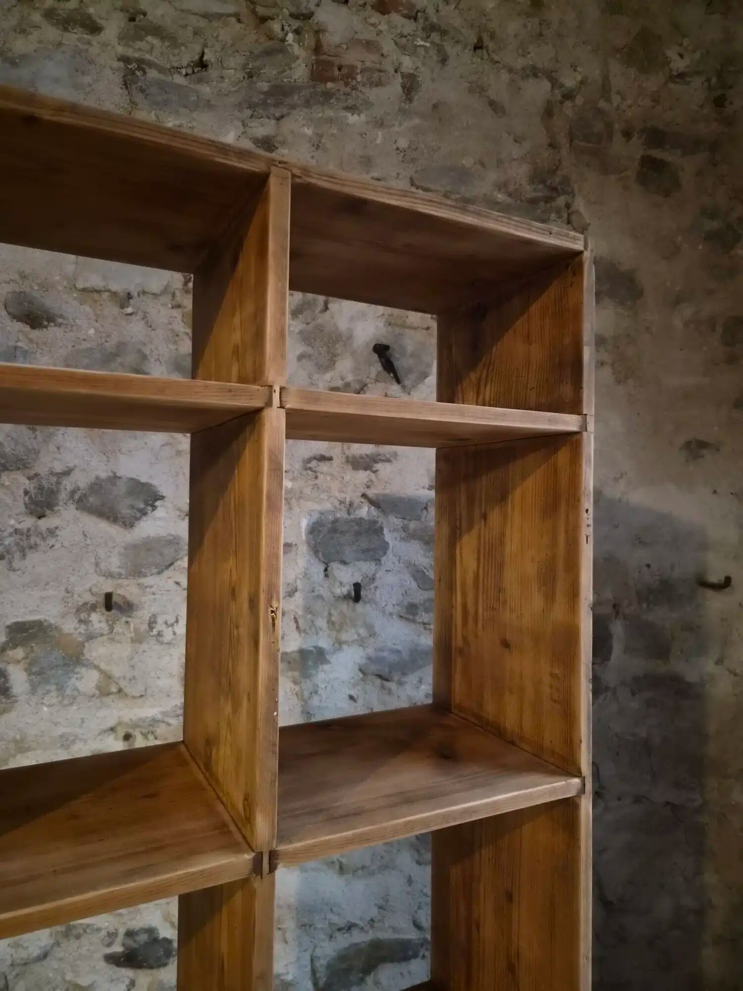 Vintage pine shelf with compartments, room divider, 1950s.