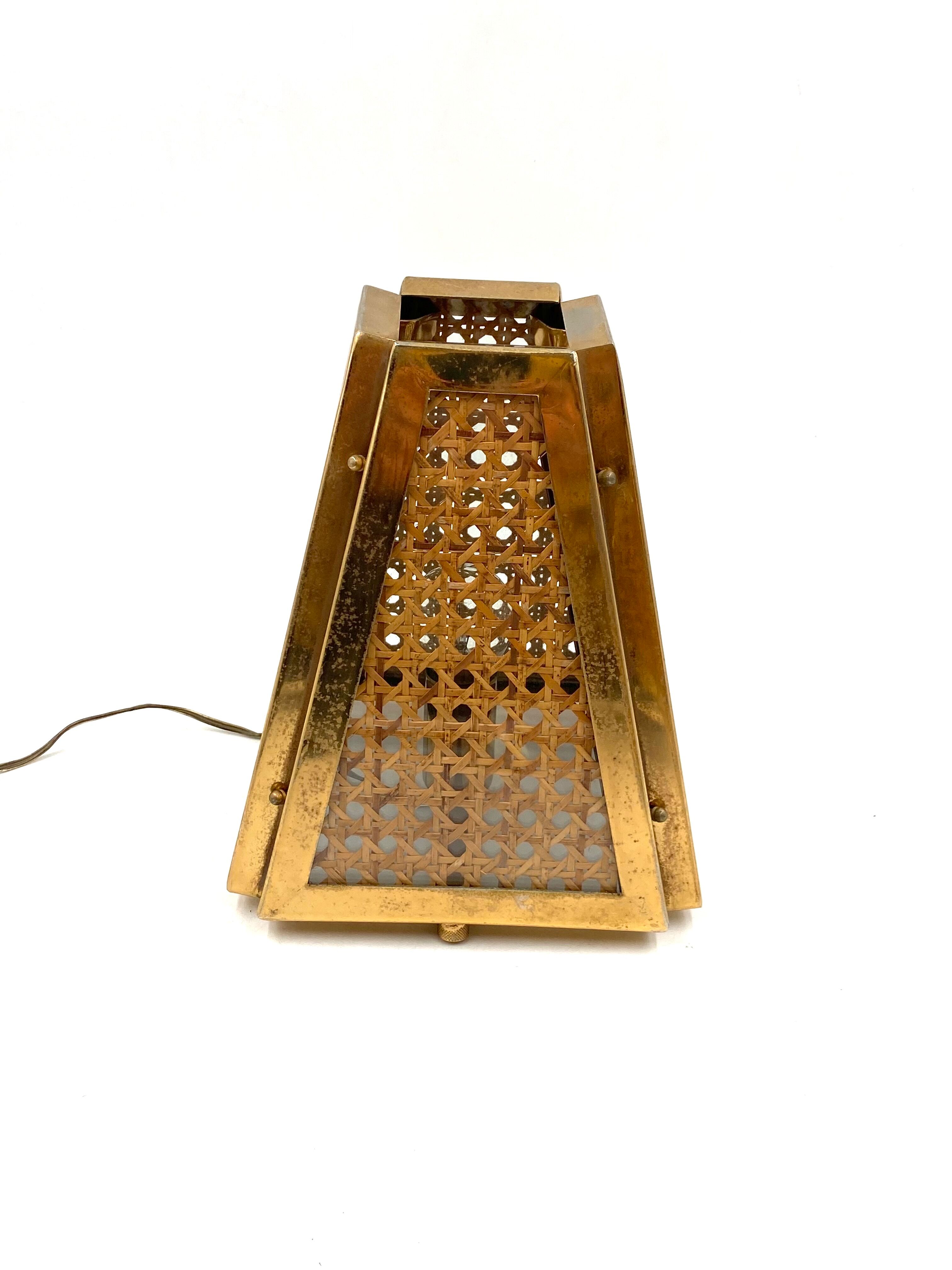 Ensemble de 2 lampes régence hollywoodiennes en laiton et paille viennoise, Italie 60's / 70's