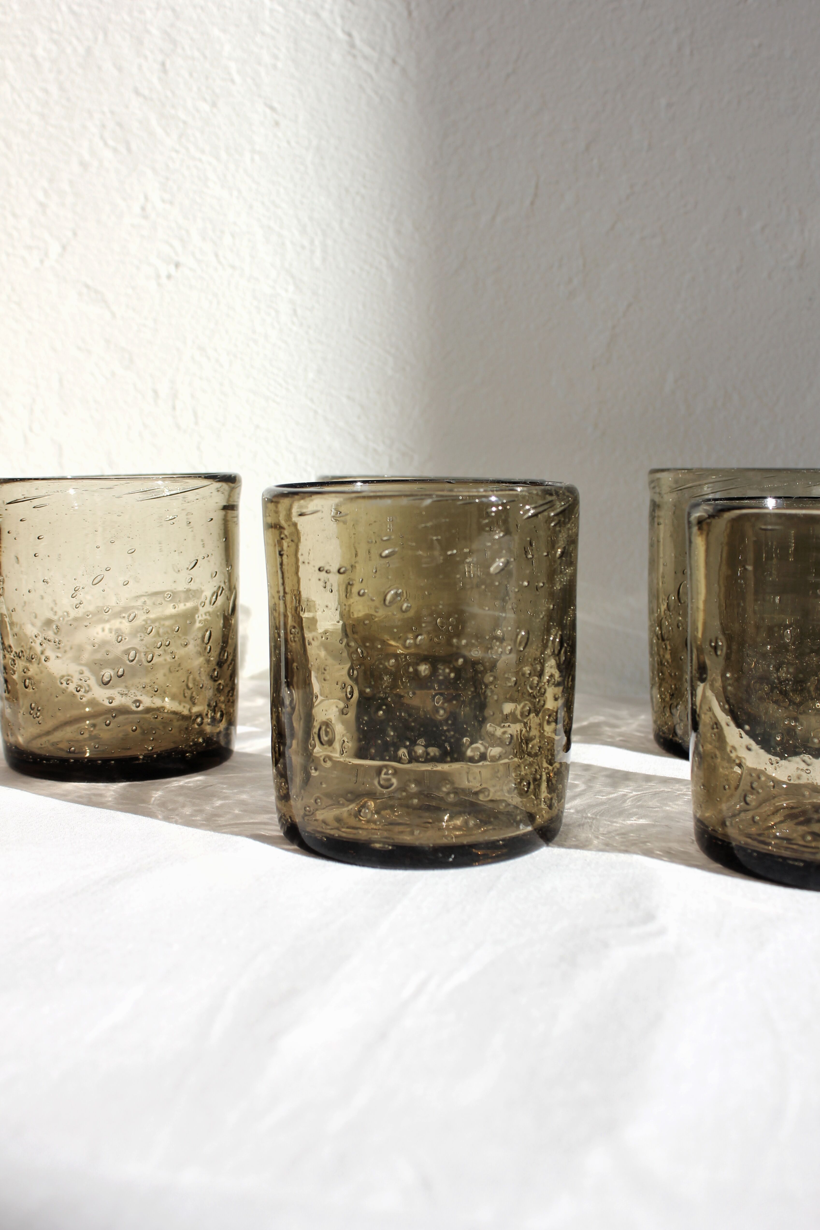 5 vintage water glasses in smoked bubbled glass