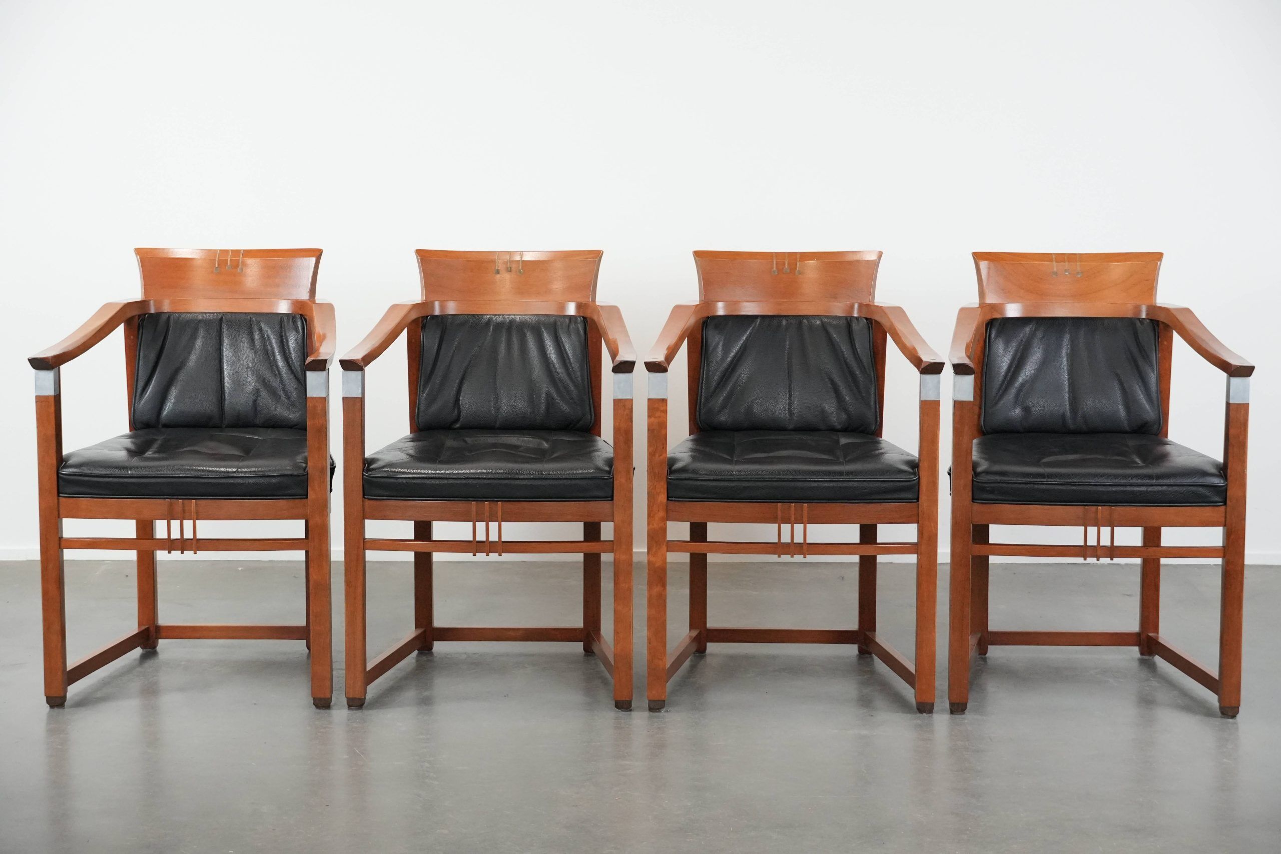 Set of 4 luxury black leather Art Deco dining chairs with armrests