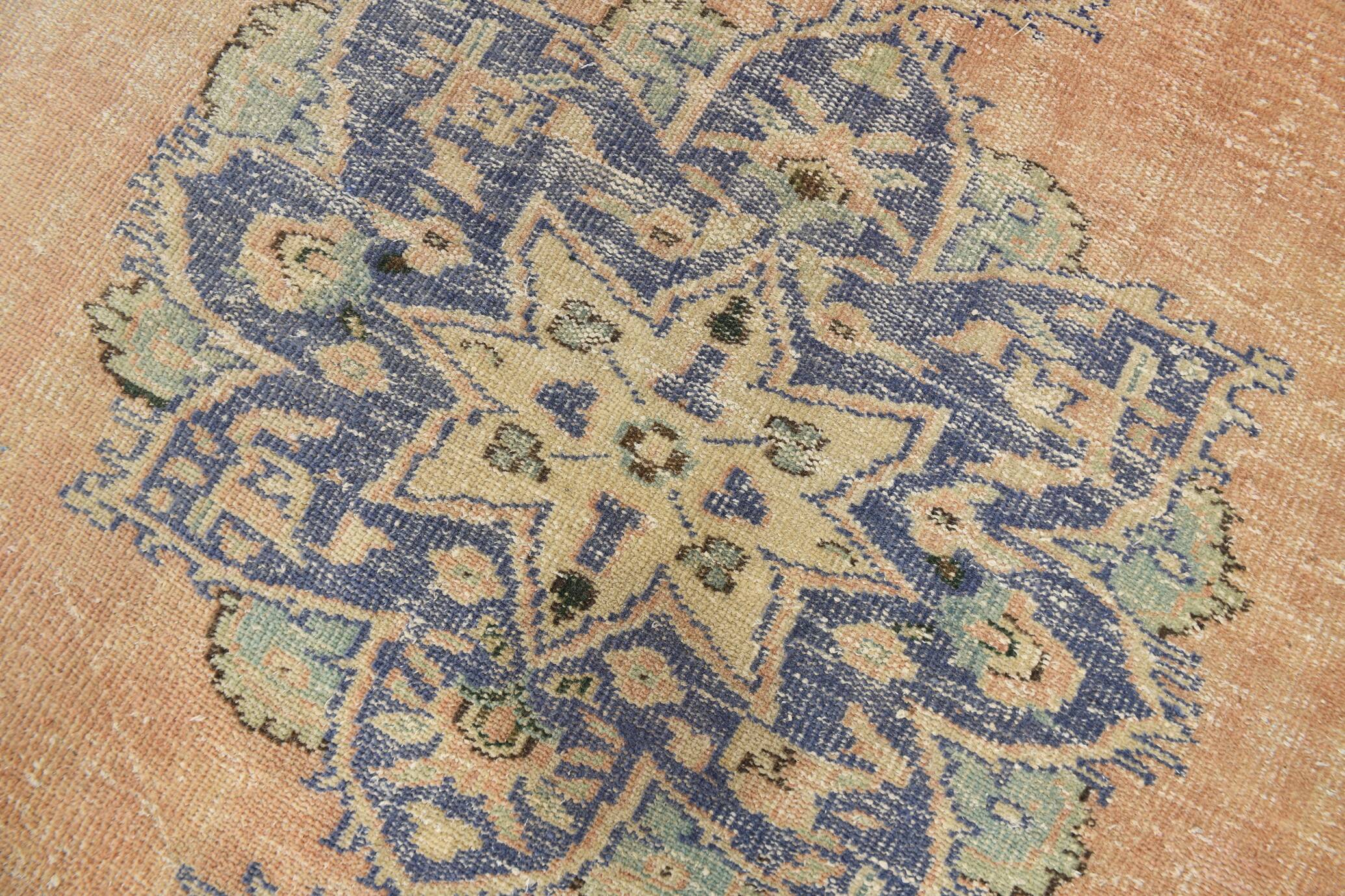 Samon & Blue Luxury Vintage Rug, Large Area Vintage Persian Rug, 218x302 Cm