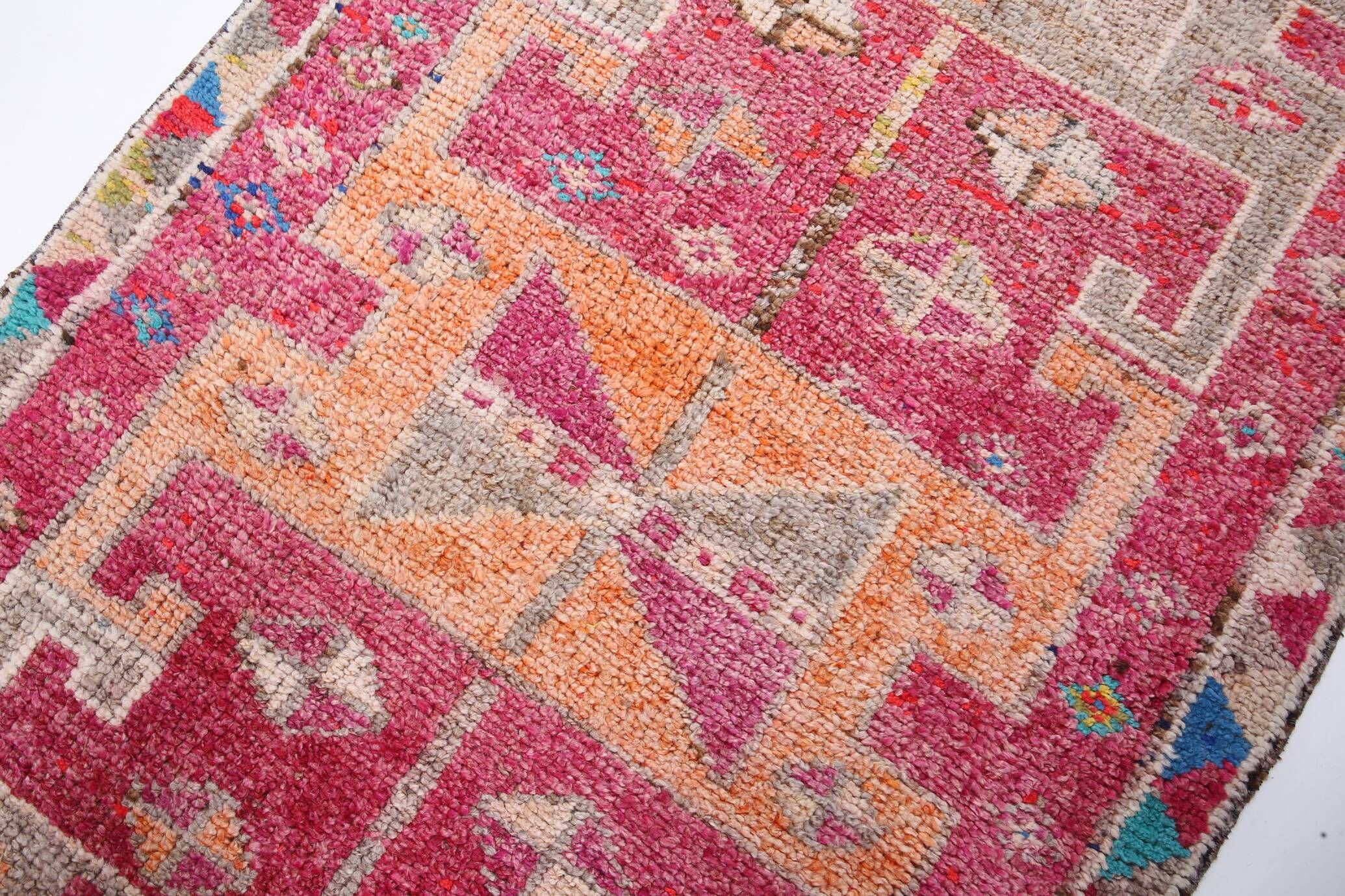 Raspberry Pink Tribal Vintage Runner Rug, Turkish Hallway Carpet,102x322 Cm