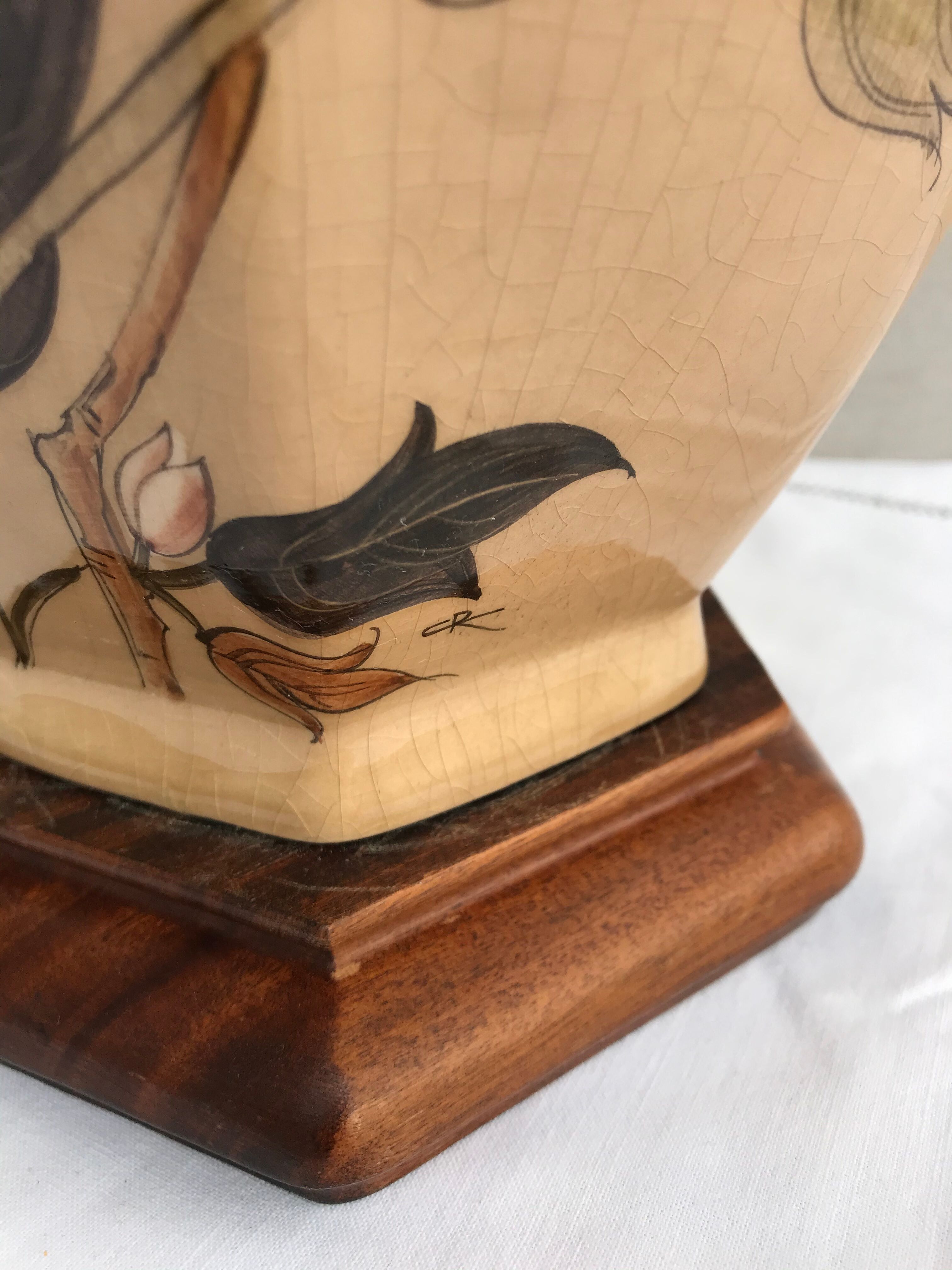 Former ceramic potiche lamp base wood - abat-day vintage beige fabric