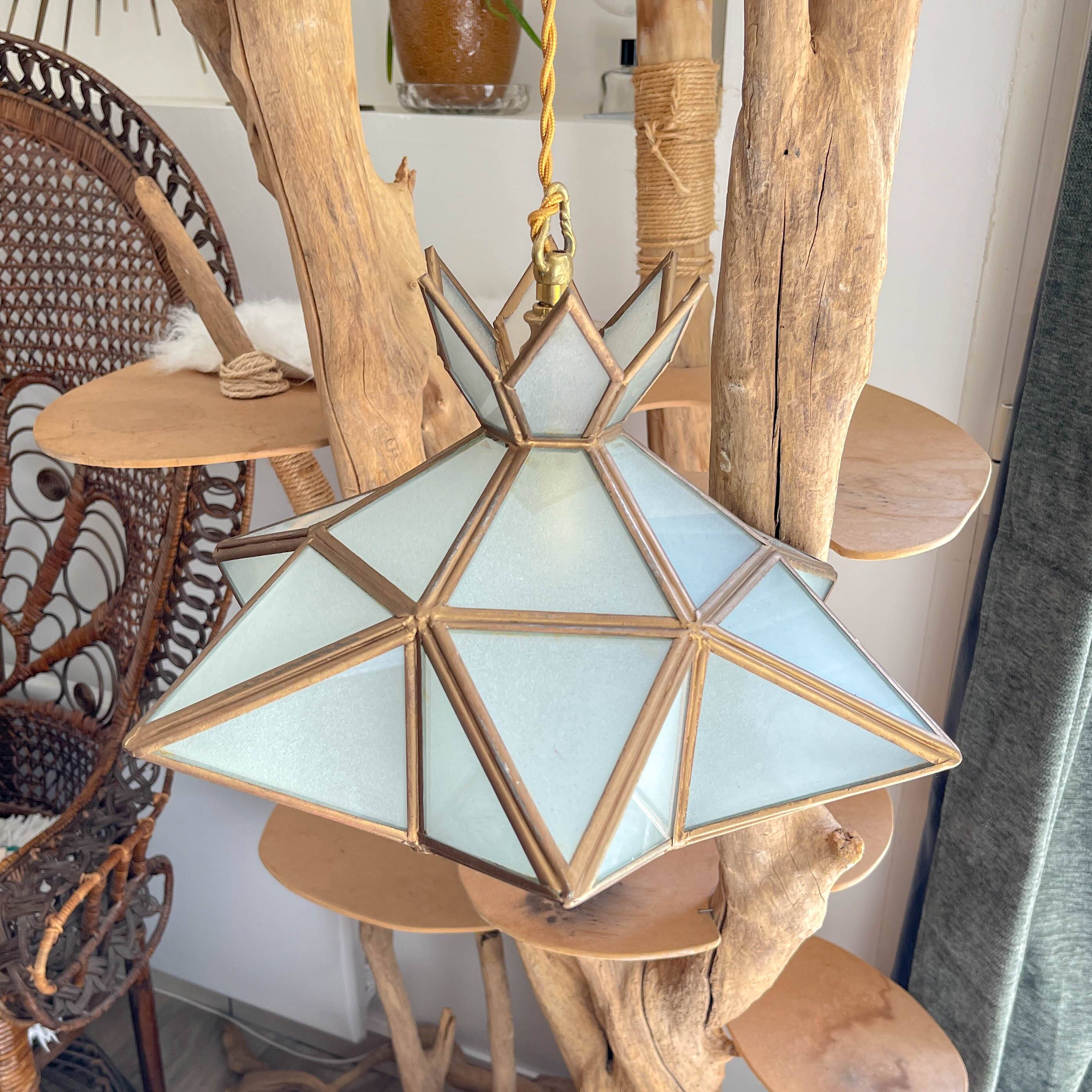 Vintage frosted glass and brass star pendant light