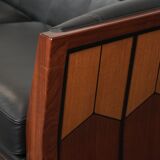 Art Deco  black leather 2.5-seater design sofa with beautiful woodwork