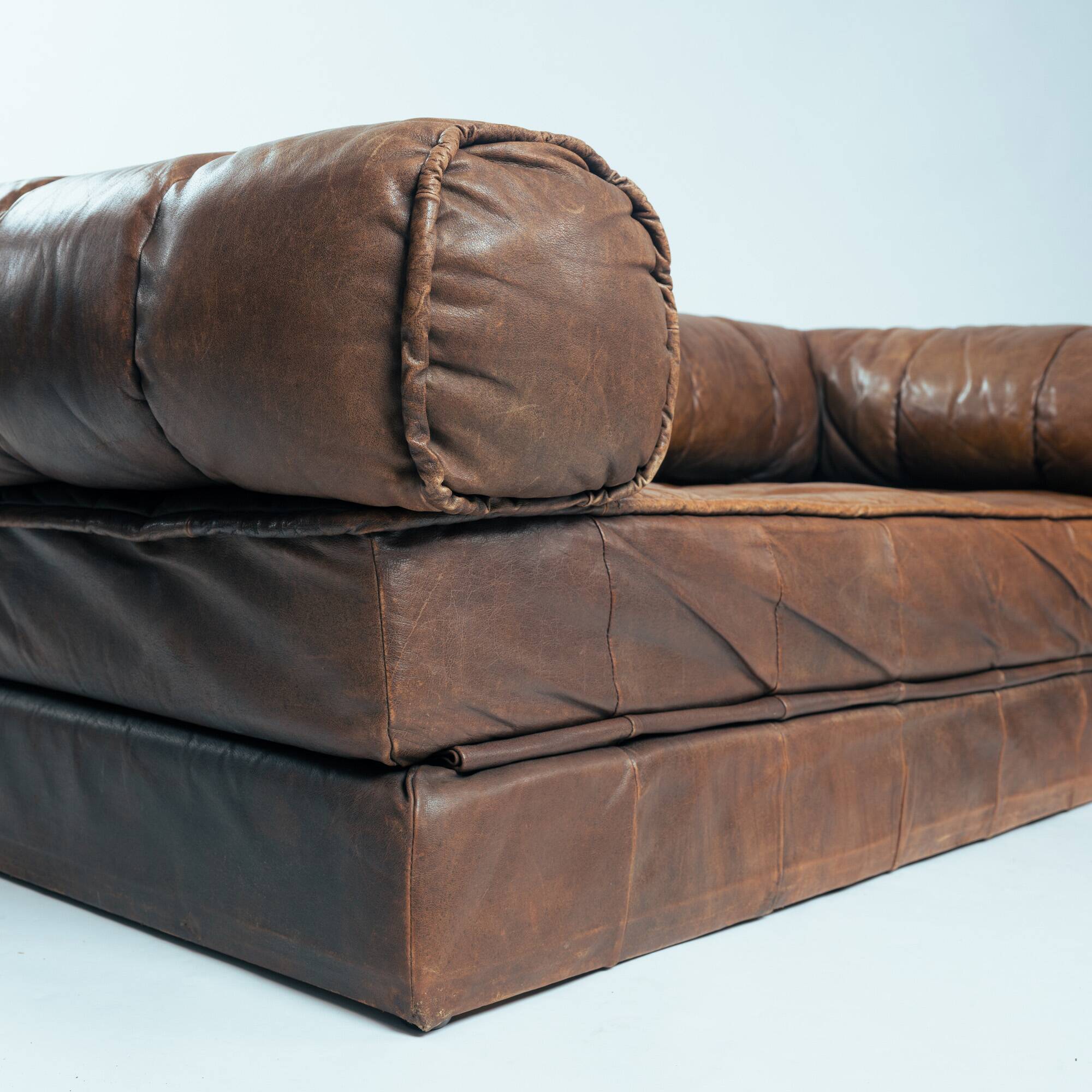 Brown Modular Leather Patchwork Sleeping Sofa Daybed, 1970s