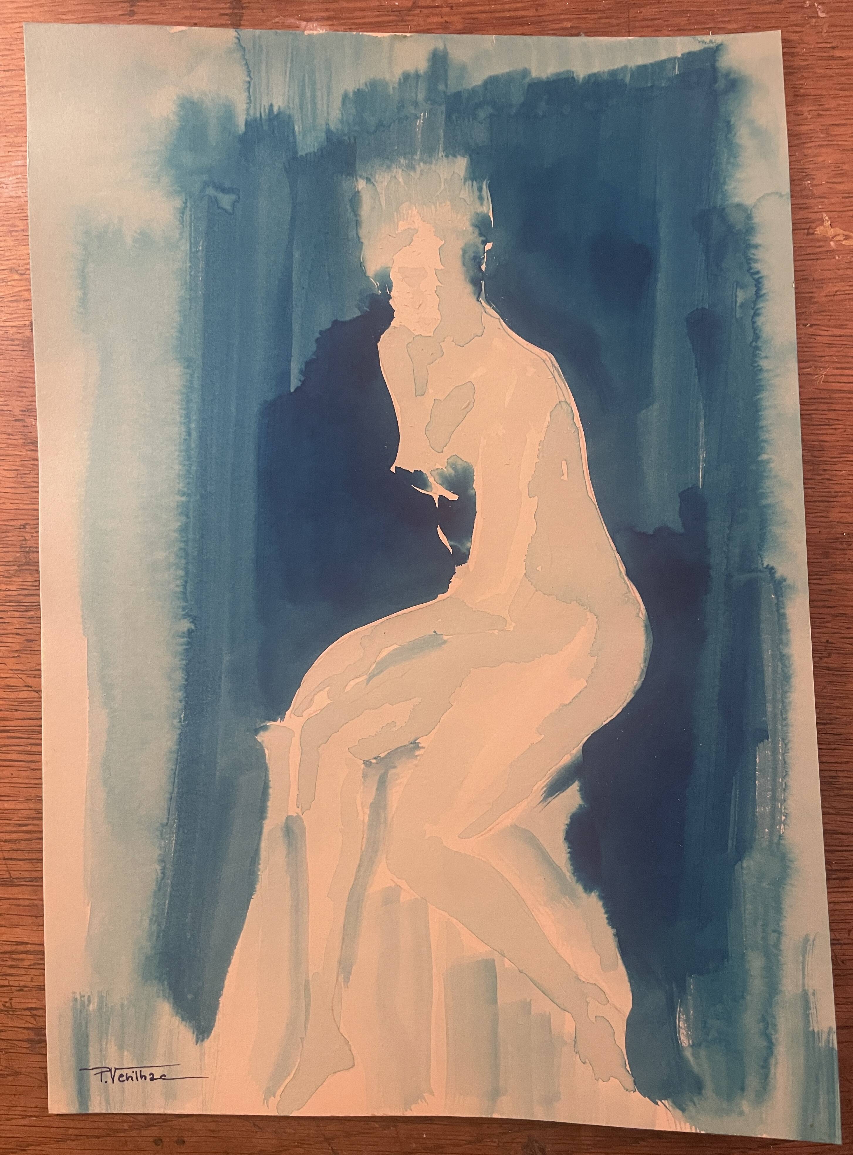 Monochrome blue watercolour tableau collection "blue lady" the pose, signed.