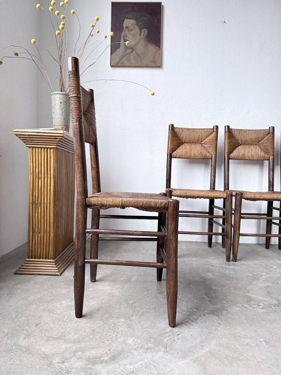 Set of 6 straw and oak Beauche chairs.