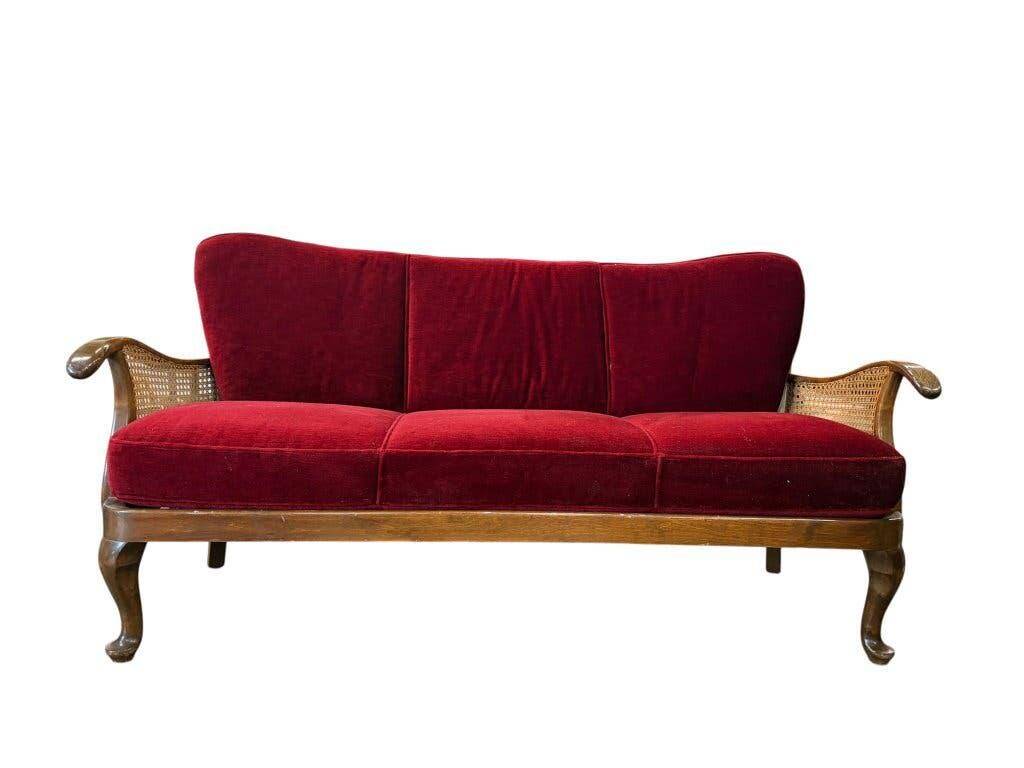 Vintage red wine baroque armchair/sofa/lounge with caning