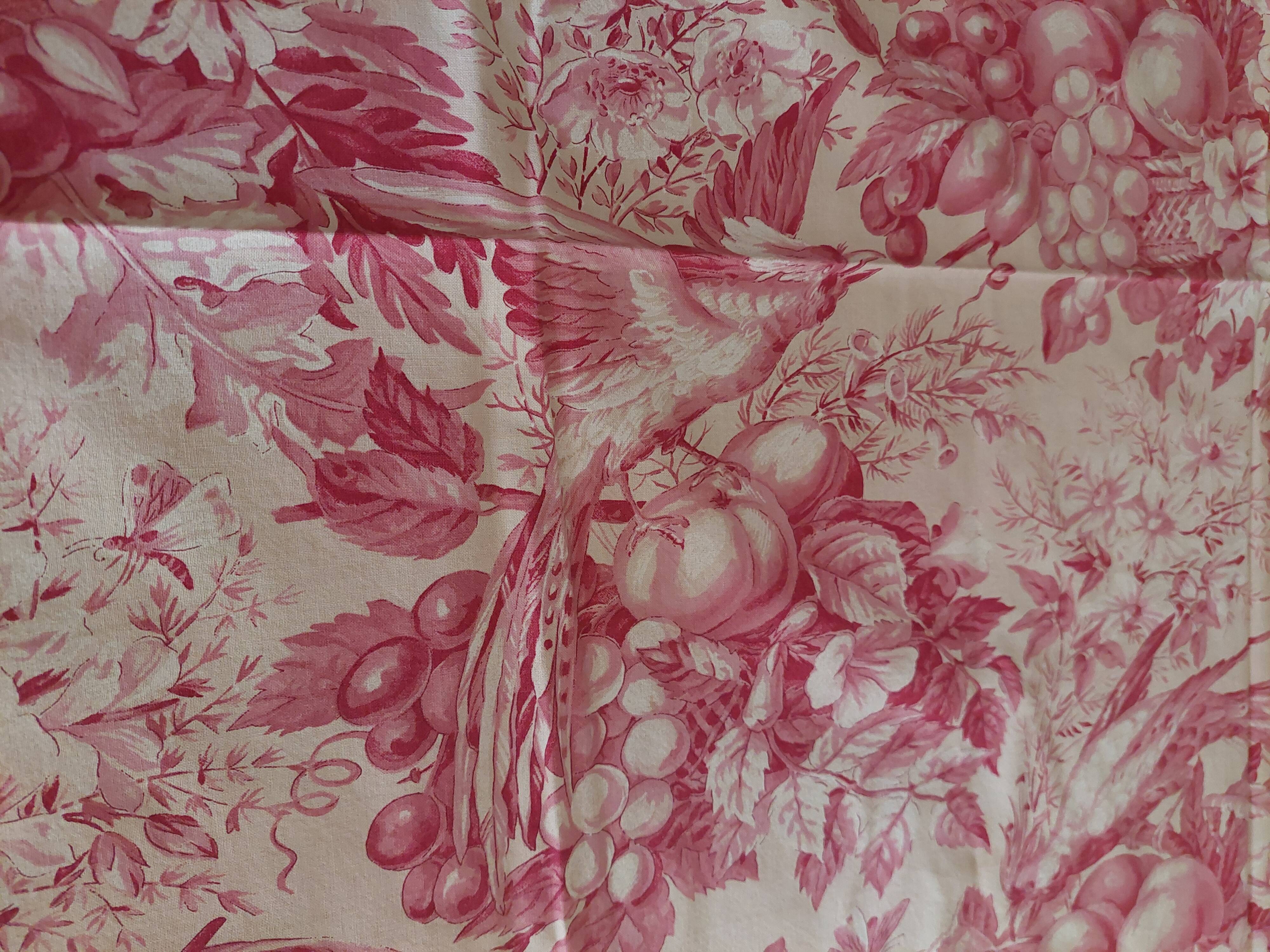 Vintage cotton tablecloth with birds and pink flowers 135 X 145 cm
