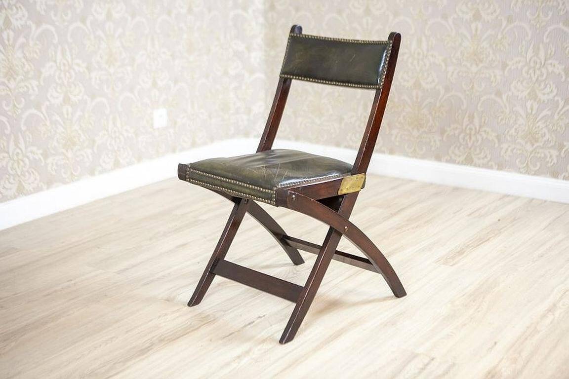 Vintage Walnut Folding Chair in Dark-Green Leather, 1950s