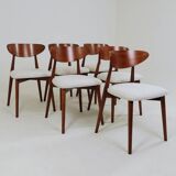 Set of 6 dining chairs, teak color wood, bouclè upholstery