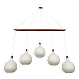 Opaline and Teak Chandelier by Uno and Östen Kristiansson for Luxus