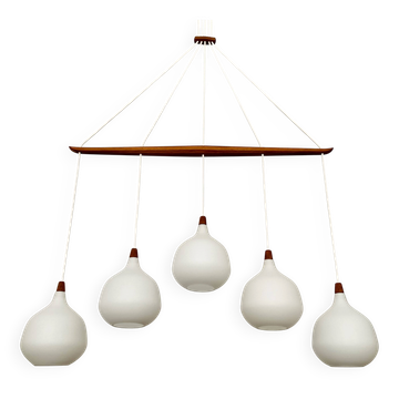 Opaline and Teak Chandelier by Uno and Östen Kristiansson for Luxus