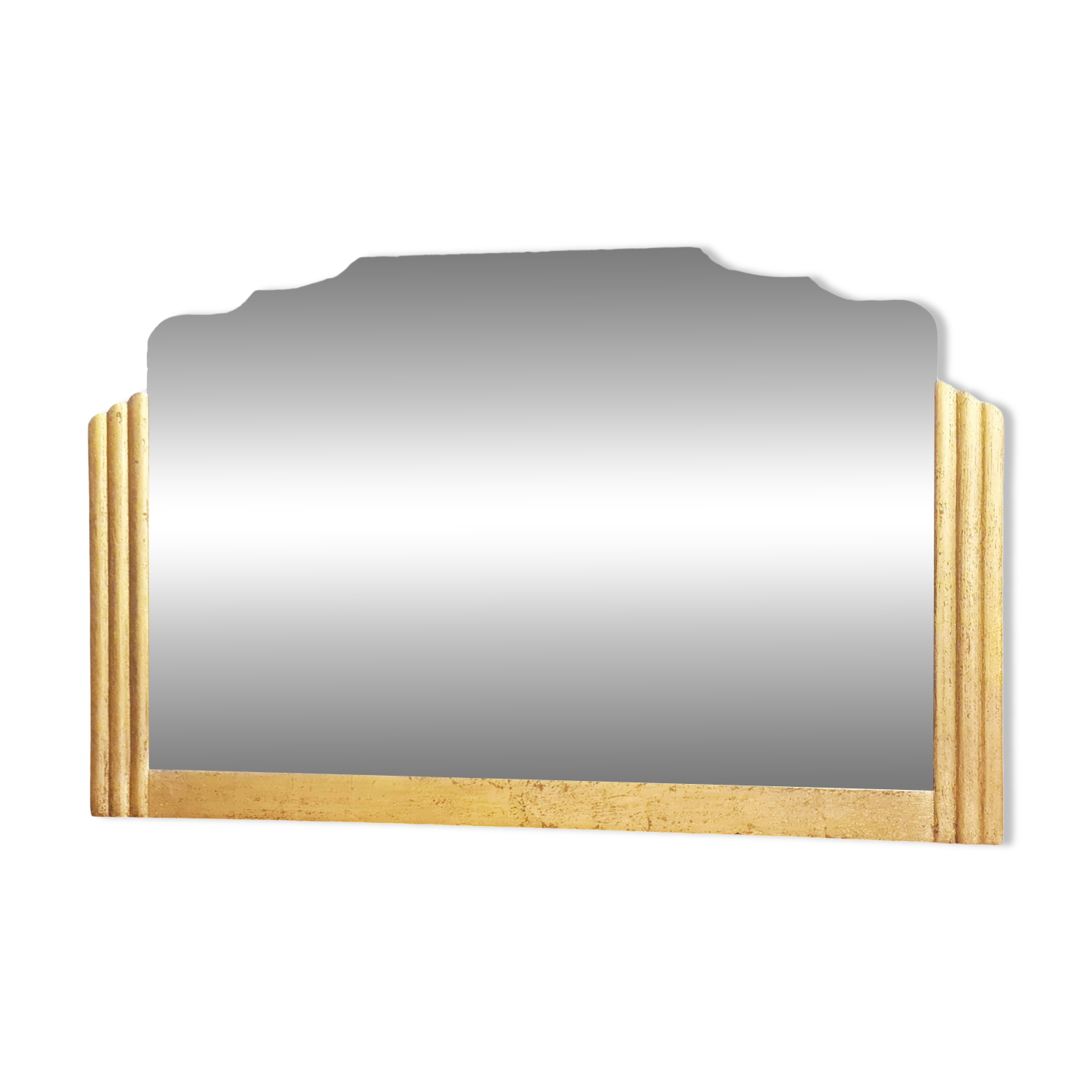 Antique large beveled mercury pediment mirror, art deco, gilded with leaf.