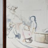 Watercolor drawing of figures in an amphitheater with a plaster model