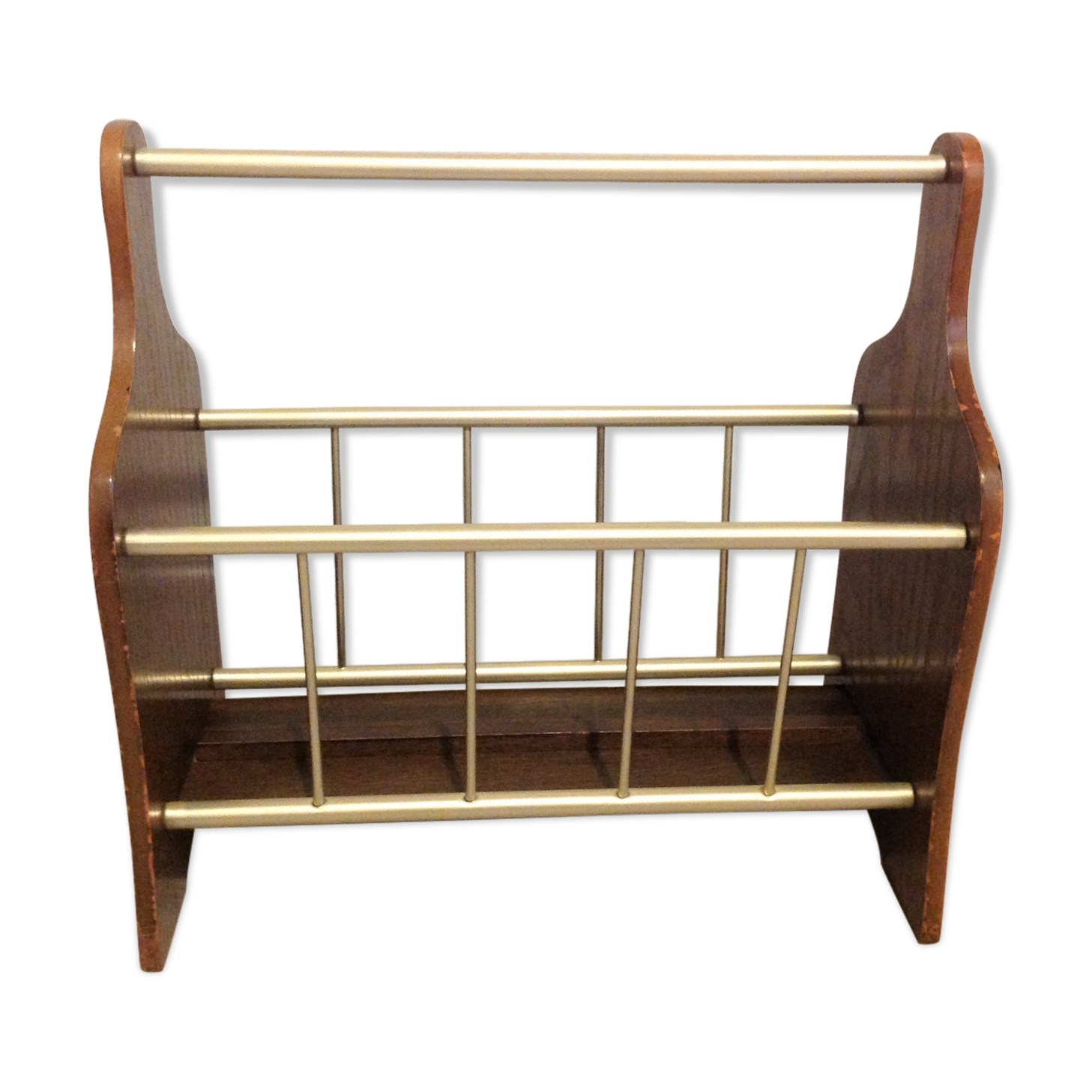 Magazine holder in gilded metal and wood imitation teak / vinatge 60s-70s