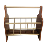 Magazine holder in gilded metal and wood imitation teak / vinatge 60s-70s