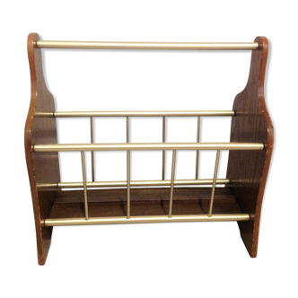 Magazine holder in gilded metal and wood imitation teak / vinatge 60s-70s