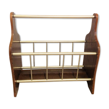 Magazine holder in gilded metal and wood imitation teak / vinatge 60s-70s