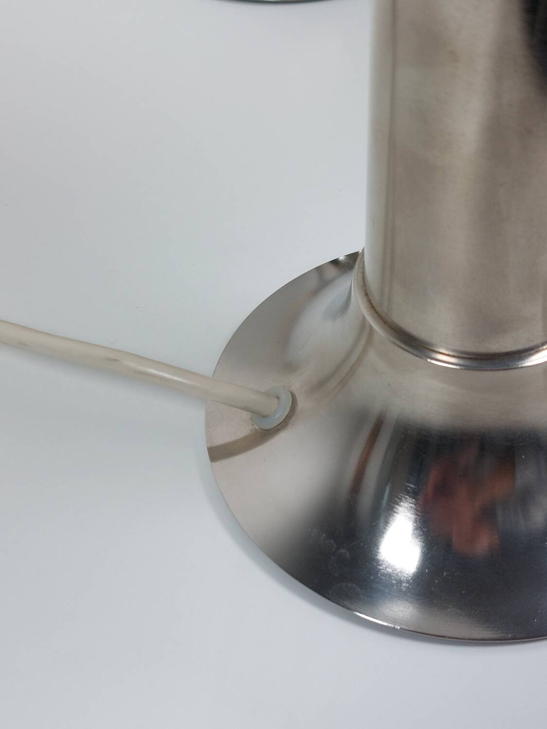 Pair of vintage futuristic style table lamps in chrome and opal glass.