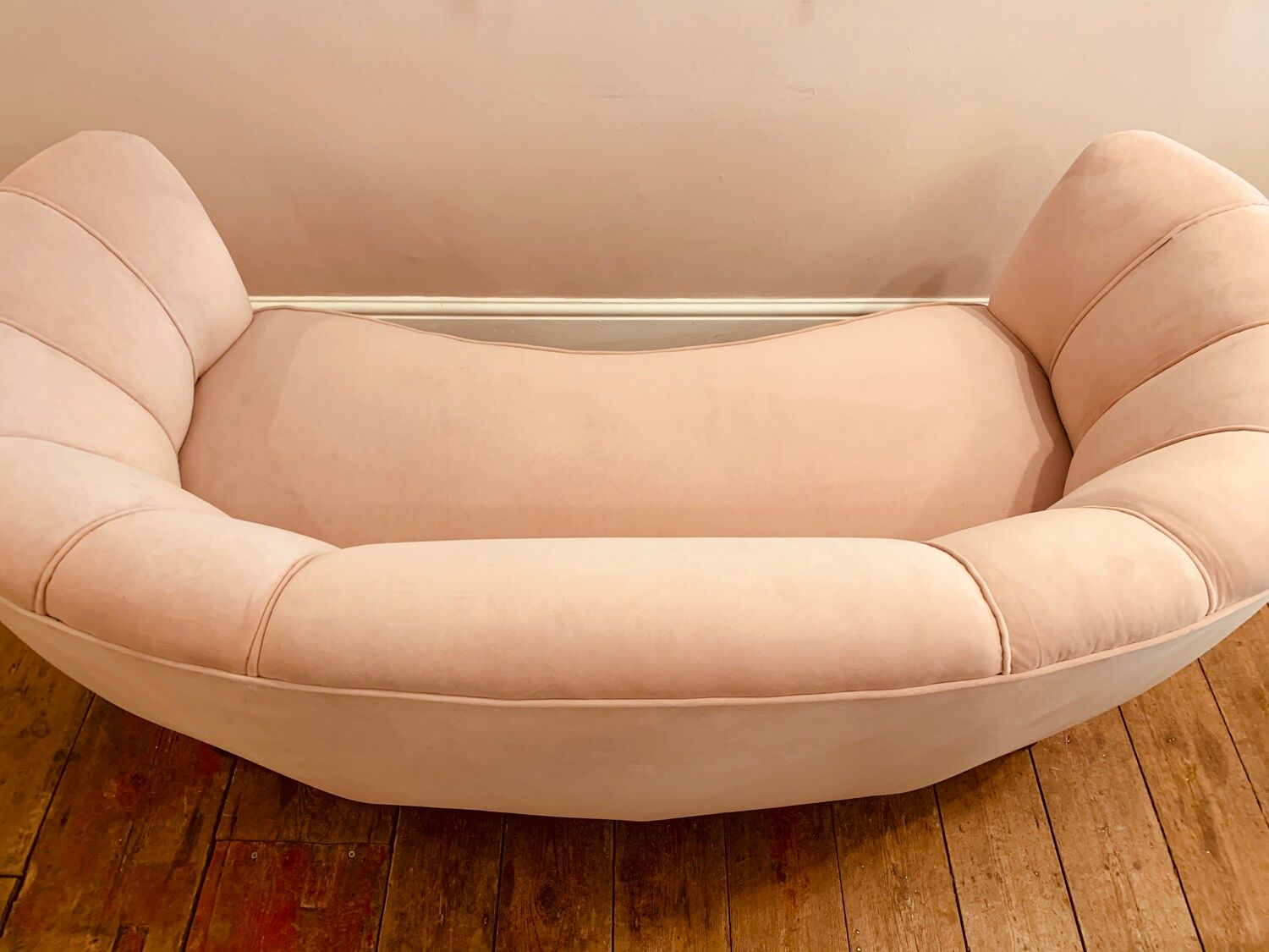 1940s Danish Banana Shaped Scalloped Sofa in Blush Pink