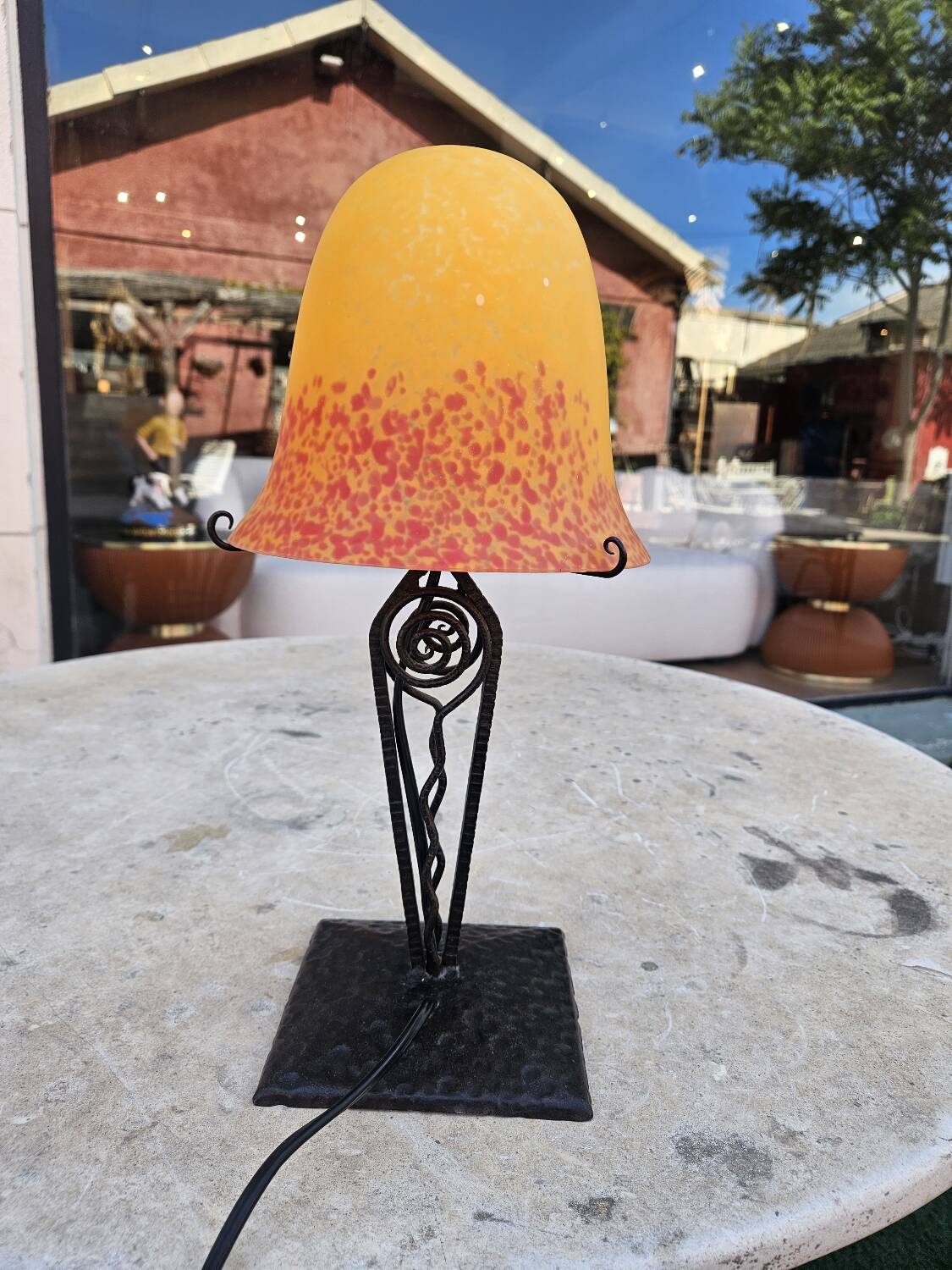 Antique art deco metal and glass lamp