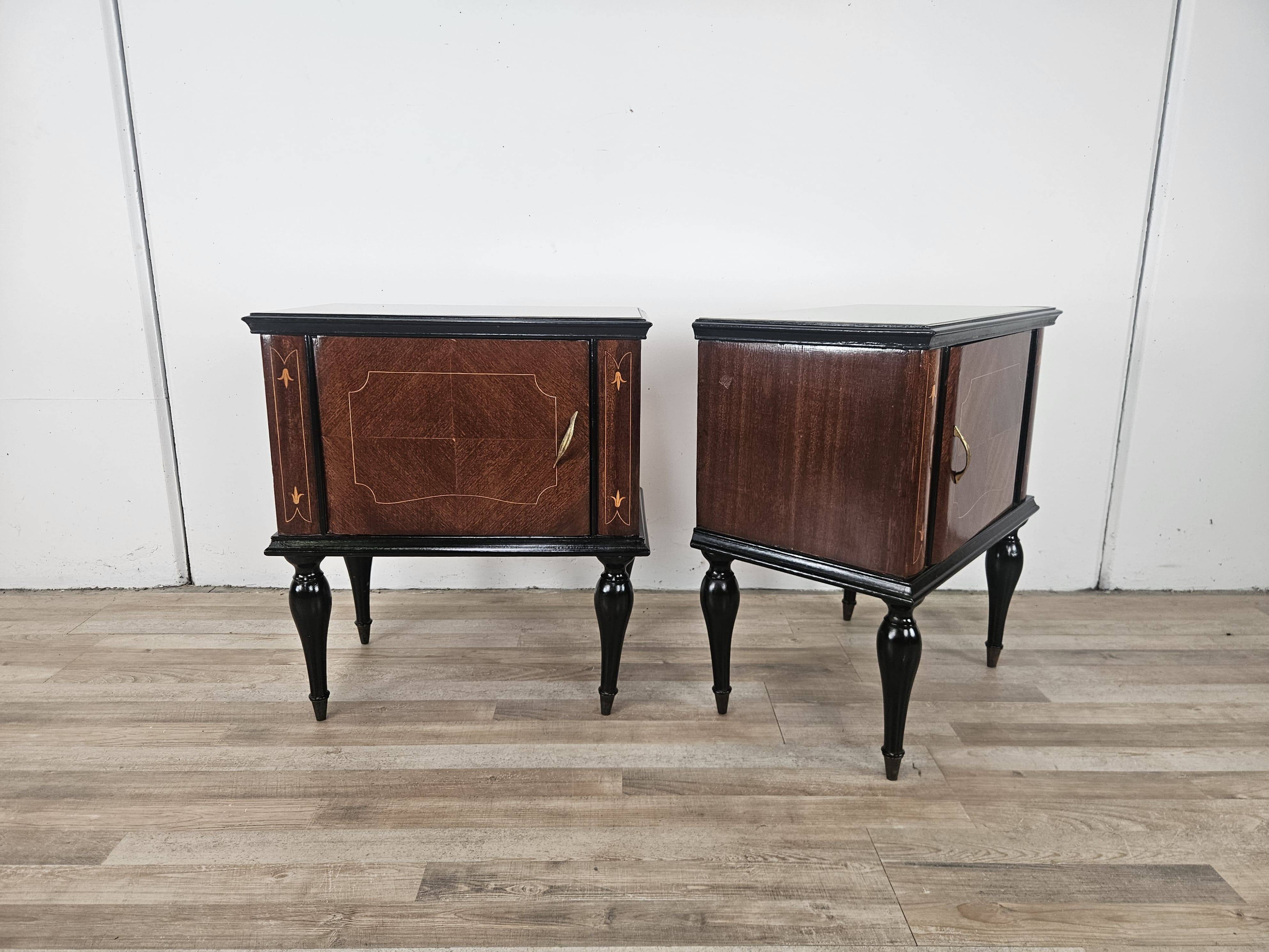 1960s mahogany burl nightstands with glass tops