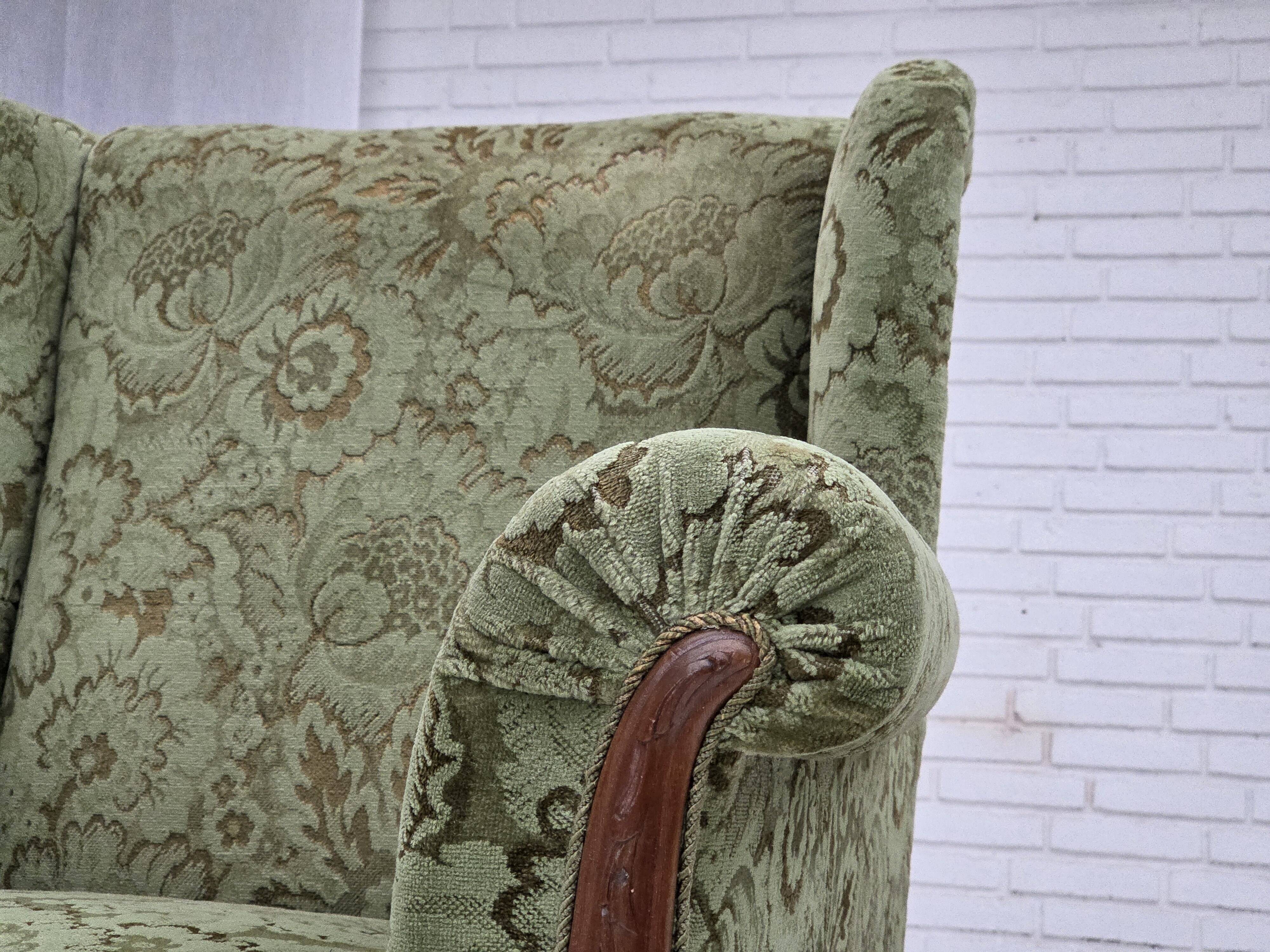 1950s, Danish relax armchair, green furniture velour, carved oak wood.