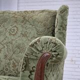 1950s, Danish relax armchair, green furniture velour, carved oak wood.