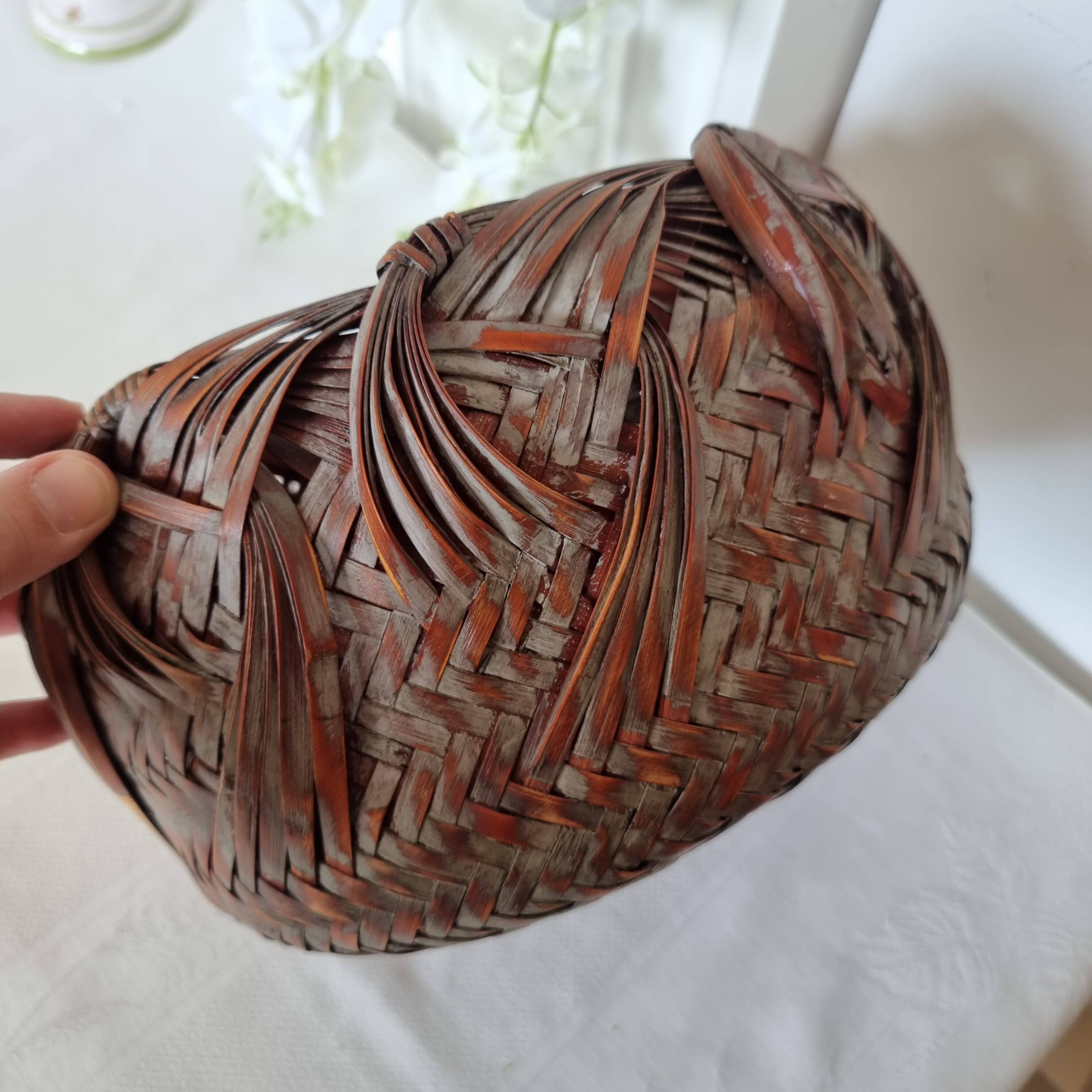Vintage Japanese Ikebana basket made of smoked bamboo in natural
