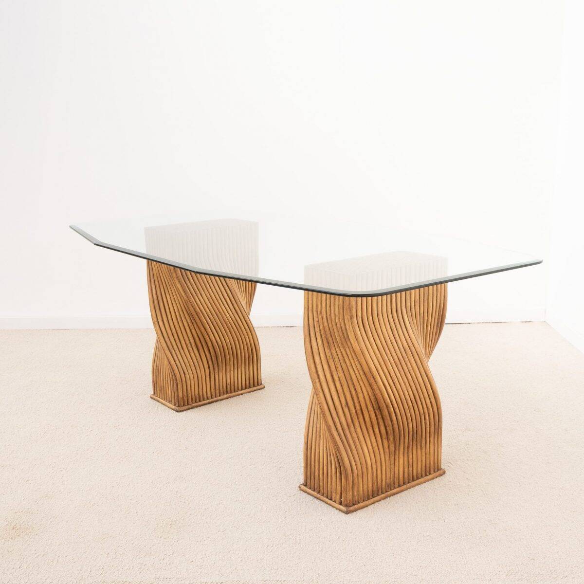 Dining table or desk in glass and bamboo from the 1970s.