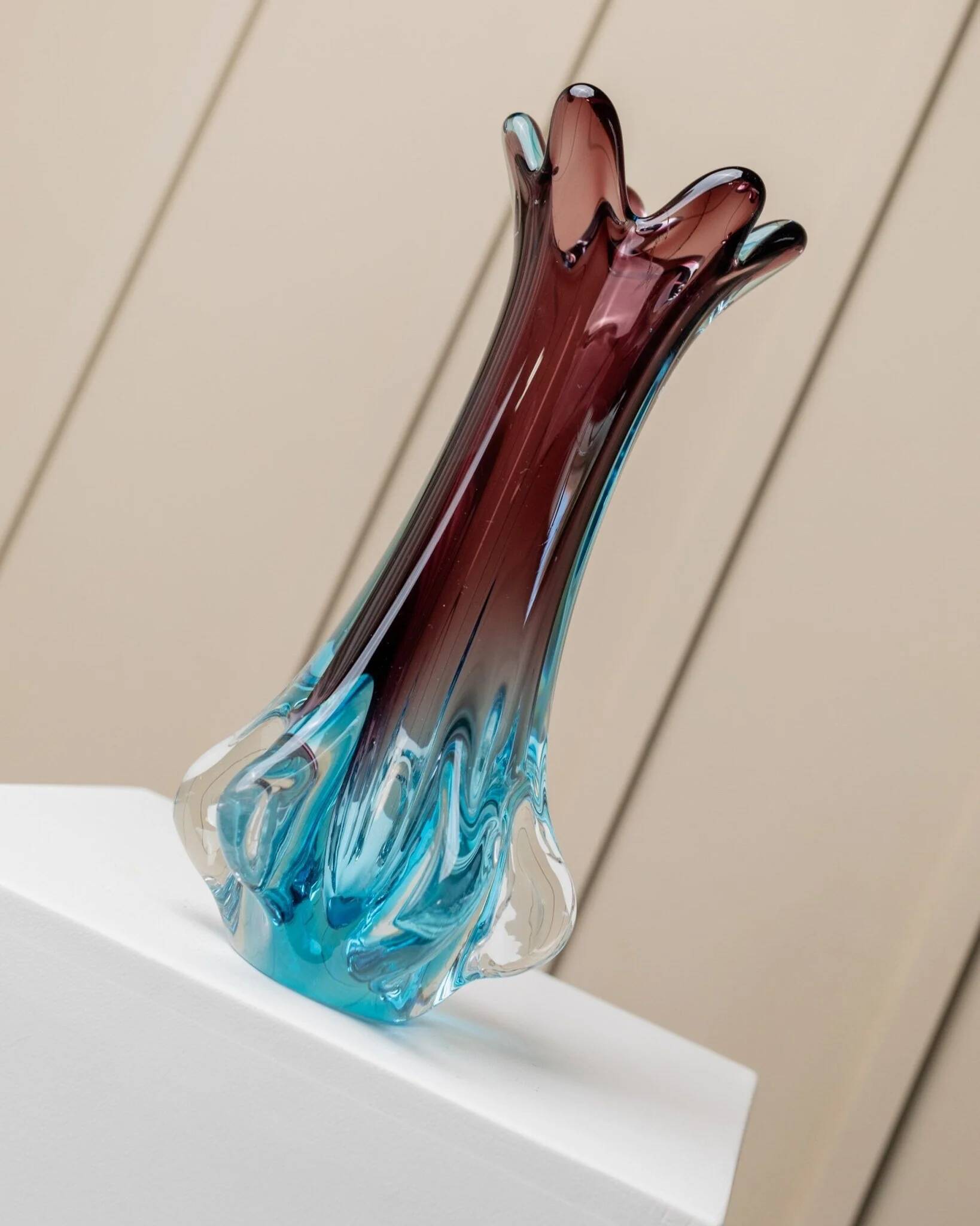Fratelli Toso Murano Vase in Turquoise and Aubergine Glass XL Mid-Century Italian Art Vase, 1950s