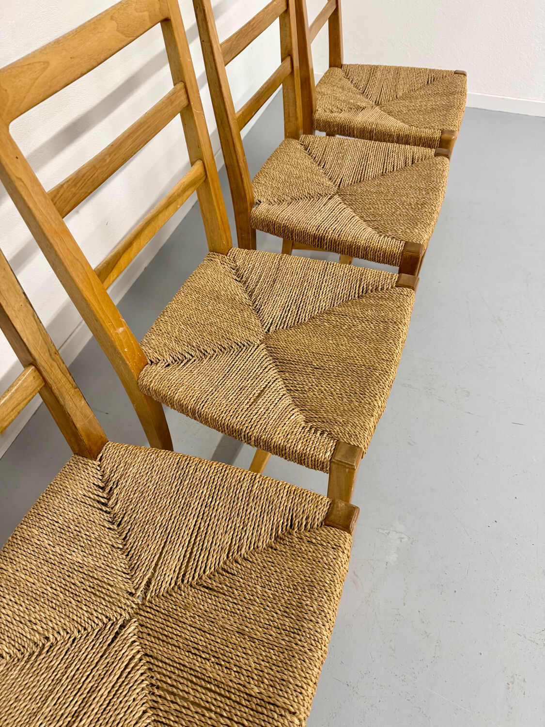 Set of 5 wooden chairs with rope seats, Scandinavian design, 1970s