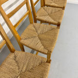 Set of 5 wooden chairs with rope seats, Scandinavian design, 1970s