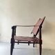 Scandinavian safari armchair in wood & burgundy leather upholstery 20th century