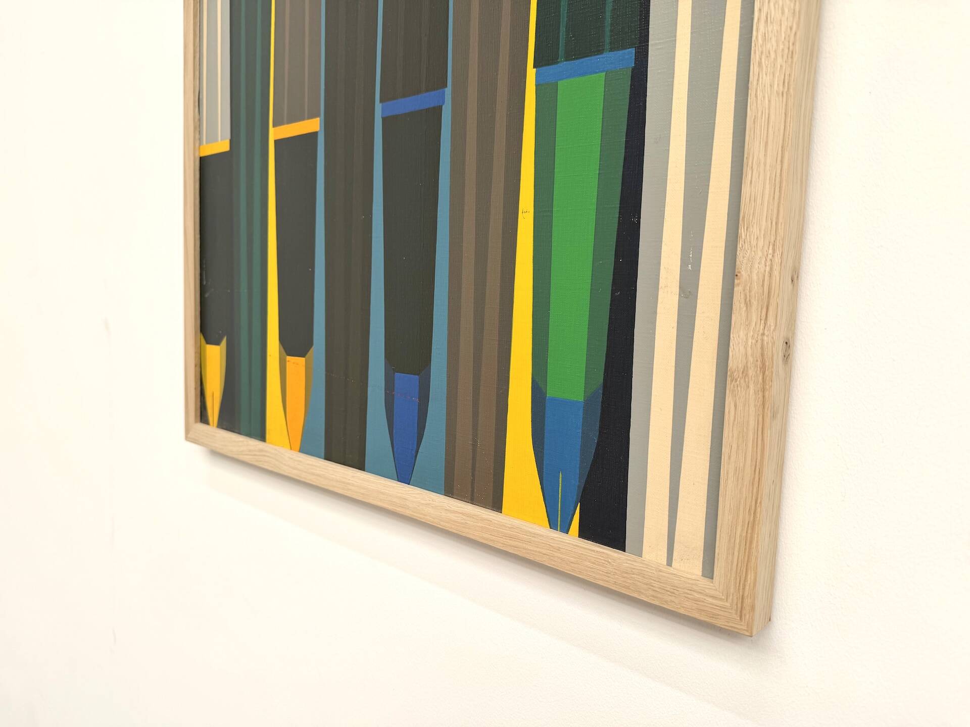 Peinture abstraite géométrique, huile sur toile encadrée chêne, années 1970